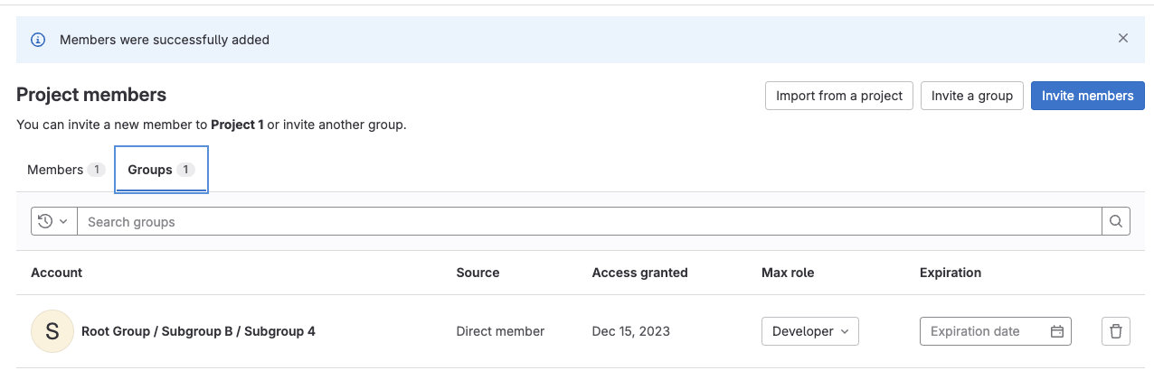 Project members page showing subgroup 4 as a member